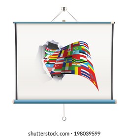 projector screen with big flag over white background