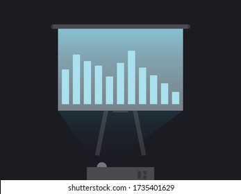 Projector screen business presentation. Office flipchart. Light from the projector on the screen. Vector illustration
