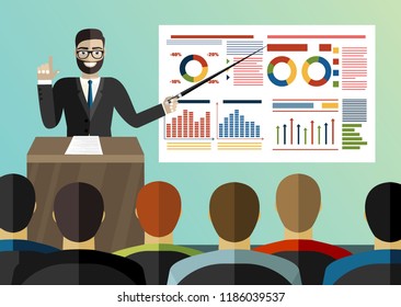 Projector Screen With Chart And Lecturer Do Presentation To Other Business People. Training Staff, Meeting, Report, Business School. Illustration In Flat Style