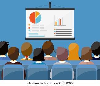 Projector Screen With Financial Report. Training Staff, Meeting, Report, Business School. Vector Illustration In Flat Style.