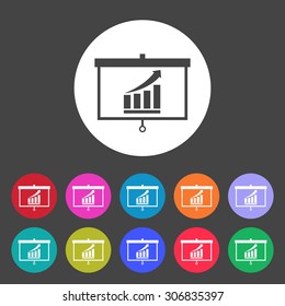 Projector screen with graph. Set of colored icons.