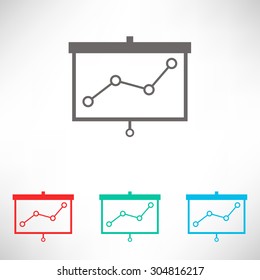 Projector screen with graph. Set of varicolored icons.