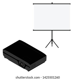 Projector and screen isometric view. Realistic video projector and white empty screen