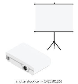 Projector and screen isometric view. Realistic video projector and white empty screen