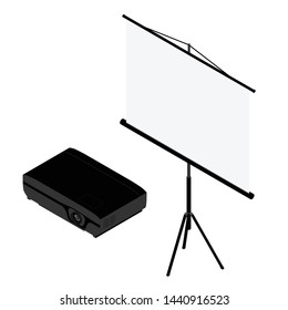 Projector and screen isometric view. Realistic video projector and white empty screen