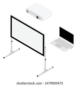 Projector and screen isometric view. Realistic video projector and white empty screen