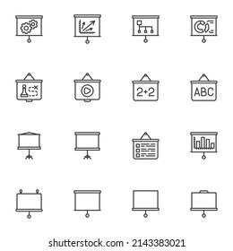 Conjunto de iconos de la línea de la pantalla del proyector, colección de símbolos del vector de contorno, paquete de pictogramas de estilo lineal. Señales, ilustración del logotipo. El juego incluye iconos como cartelera, pizarra electrónica, tablero de presentación escolar