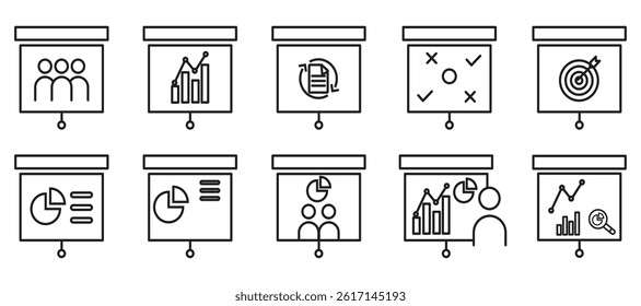 Projector screen line icons set. outline vector symbol collection, linear style pictogram pack.