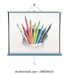 projector screen with pencils over white background
