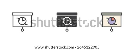 Projector screen with pie chart icon set in line, solid and filled outline colorful styles. Business presentation and statistics vector icon.