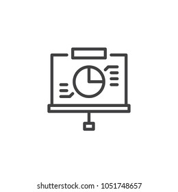 Projector screen with pie chart outline icon. linear style sign for mobile concept and web design. Business Presentation simple line vector icon. Symbol, logo illustration. 