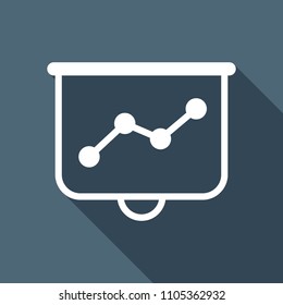 Projector screen for presentations, grow finance graphic. White flat icon with long shadow on background