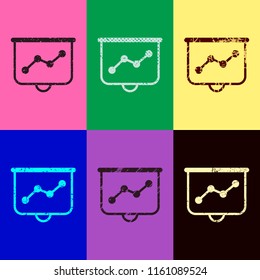 Projector screen for presentations, grow finance graphic. Pop art style. Scratched icons on 6 colour backgrounds. Seamless pattern