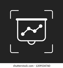 Projector screen for presentations, grow finance graphic. White object in camera autofocus on dark background