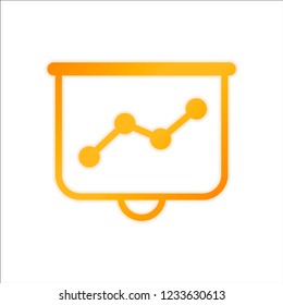 Projector screen for presentations, grow finance graphic. Orange sign with low light on white background