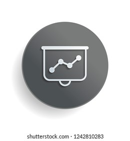 Projector screen for presentations, grow finance graphic. White paper symbol on gray round button or badge with shadow