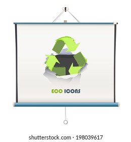 projector screen with recycle icon over white background