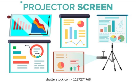 Projector Screen Set Vector. Presentation With Graph. Whiteboard. Seminar, Lecture, Business Conferences, Training Staff, Meeting. Isolated Illustration