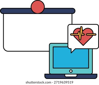 A projector screen is shown with a heart and a laptop. The heart is on the right side of the screen and the laptop is on the left