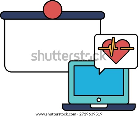 A projector screen is shown with a heart and a laptop. The heart is on the right side of the screen and the laptop is on the left