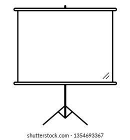 Projector screen with stand. Vector outline icon isolated on white background.