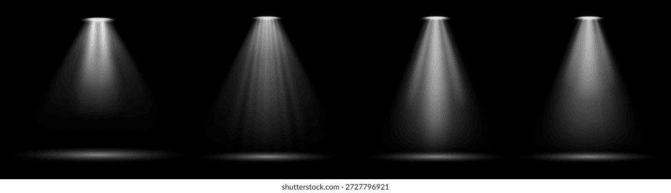 Projetor ou projetor com brilho no escuro. Estilo realista vetorial, iluminação isolada e raios com efeito suave. Brilho natural para teatro ou palco. Faísca dando atmosfera vibrante e brilho