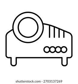 Projektor dünne Linie Symbol, Präsentationsausrüstung Konzept. Vektorgrafiken. Büroprojektor-Gerätezeichen auf weißem Hintergrund, Umrissstilsymbol für mobiles oder Webdesign