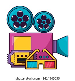 projector ticket 3d glasses strip film cinema movie vector illustration
