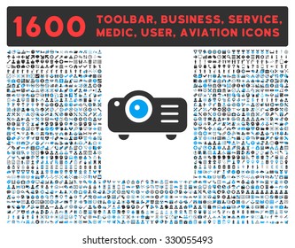 Projector vector icon and 1600 other business, service tools, medical care, software toolbar, web interface pictograms. Style is bicolor flat symbols, blue and gray colors, rounded angles, white