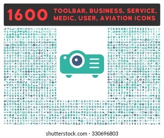 Projector vector icon and 1600 other business, service tools, medical care, software toolbar, web interface pictograms. Style is bicolor flat symbols, cobalt and cyan colors, rounded angles, white
