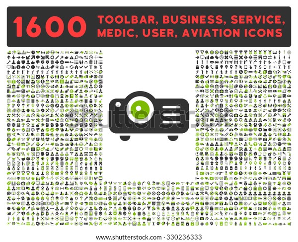 Projector vector icon and 1600 other business,\
service tools, medical care, software toolbar, web interface\
pictograms. Style is bicolor flat symbols, eco green and gray\
colors, rounded angles,\
white