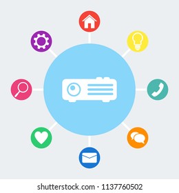 Projector vector icon. Bonus icons: house, light bulb, phone, speech bubble, email, heart, magnifying glass, settings.