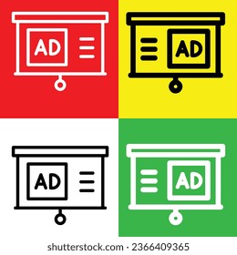 Projector Vector Icon, Outline style icon, from Advertisement icons collection, isolated on Red, Yellow, Green and White Background.