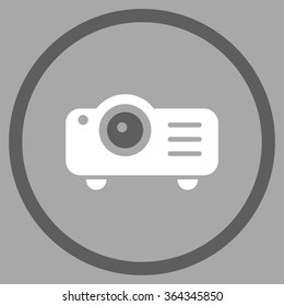 Projector vector icon. Style is bicolor flat circled symbol, dark gray and white colors, rounded angles, silver background.