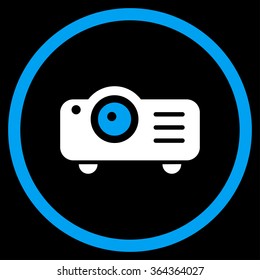 Projector vector icon. Style is bicolor flat circled symbol, blue and white colors, rounded angles, black background.