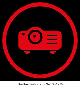 Projector vector icon. Style is flat circled symbol, red color, rounded angles, black background.