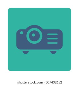 Projector vector icon. This flat rounded square button uses cobalt and cyan colors and isolated on a white background.