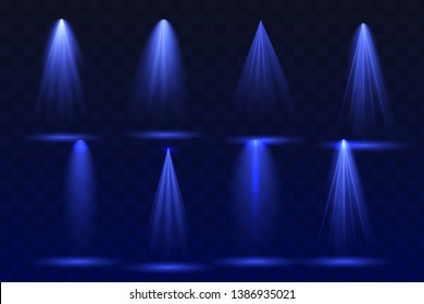 Projector vertical light effect. Blue glowing stage light ray isolated on transparent background. Vector bright scene spotlight effect. Shine theater projector beam template for your web design.