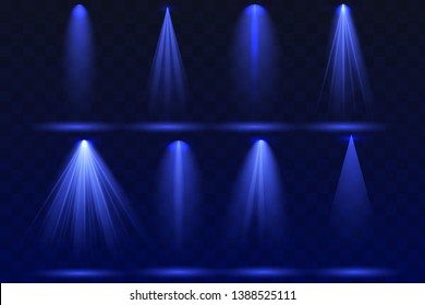 Projector vertical light effect. Blue glowing stage light ray isolated on transparent background. Vector bright scene spotlight effect. Shine theater projector beam template for your web design.