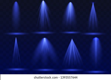 Projector vertical light effect. Blue glowing stage light ray isolated on transparent background. Vector bright scene spotlight effect. Shine theater projector beam template for your web design.