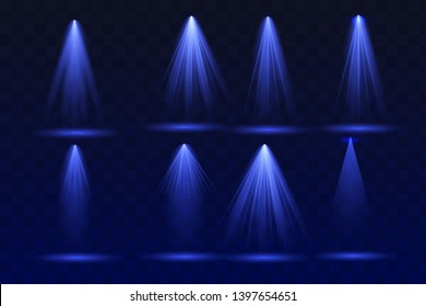 Projector vertical light effect. Blue glowing stage light ray isolated on transparent background. Vector bright scene spotlight effect. Shine theater projector beam template for your web design.