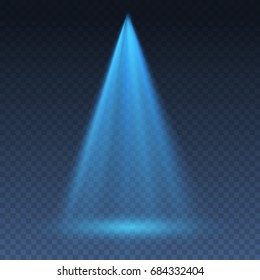 Projector vertical light effect. Blue glowing stage light ray isolated on transparent background. Vector bright scene spotlight effect. Shine theater projector beam template for your creative design