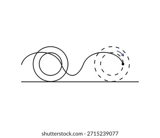 Prolate cycloid depiction with a point followed on a rolling wheel moving as a dashed set of concentric circles. Black outlines with a blue arrow showing the direction of motion. Flat surface. Mathematical concept meant to demonstrate a common principle. White background.
