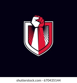 Proletarian leader abstract symbol, vector red clenched fist raised up.

