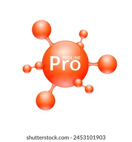 Proline amino acid. Molecules that combine to form proteins nutrients necessary for health muscle. Biomolecules model 3D red for ads dietary supplements. Medical scientific concepts. Vector.