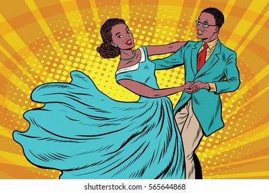 Prom, Couple Girl And Boy Dance. Pop Art Retro Vector Illustration. Waltz And Music. African American People