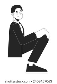 Prom formal wear korean young man black and white 2D line cartoon character. Shy sitting asian male isolated vector outline person. High school graduation party monochromatic flat spot illustration