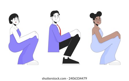 Prom girls and boy 2D linear cartoon characters set. Diverse young adult isolated line vector people white background. High school graduation party color flat spot illustrations collection