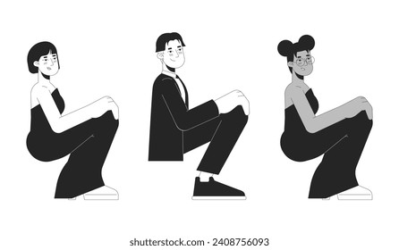 Prom girls and boy black and white 2D line cartoon characters set. Diverse young adult isolated vector outline people collection. High school graduation party monochromatic flat spot illustrations