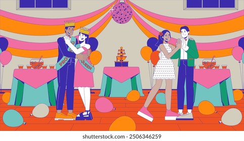 Prom high school dance party cartoon flat illustration. Prom queen king dancing couples 2D characters colorful background. Celebration night. Highschool discotheque scene vector storytelling image